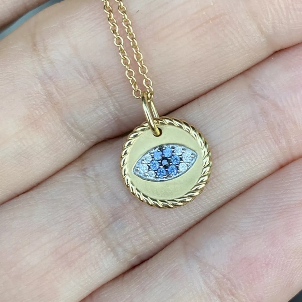 New David Yurman 18k gold sapphire evil eye pendant necklace 18”
